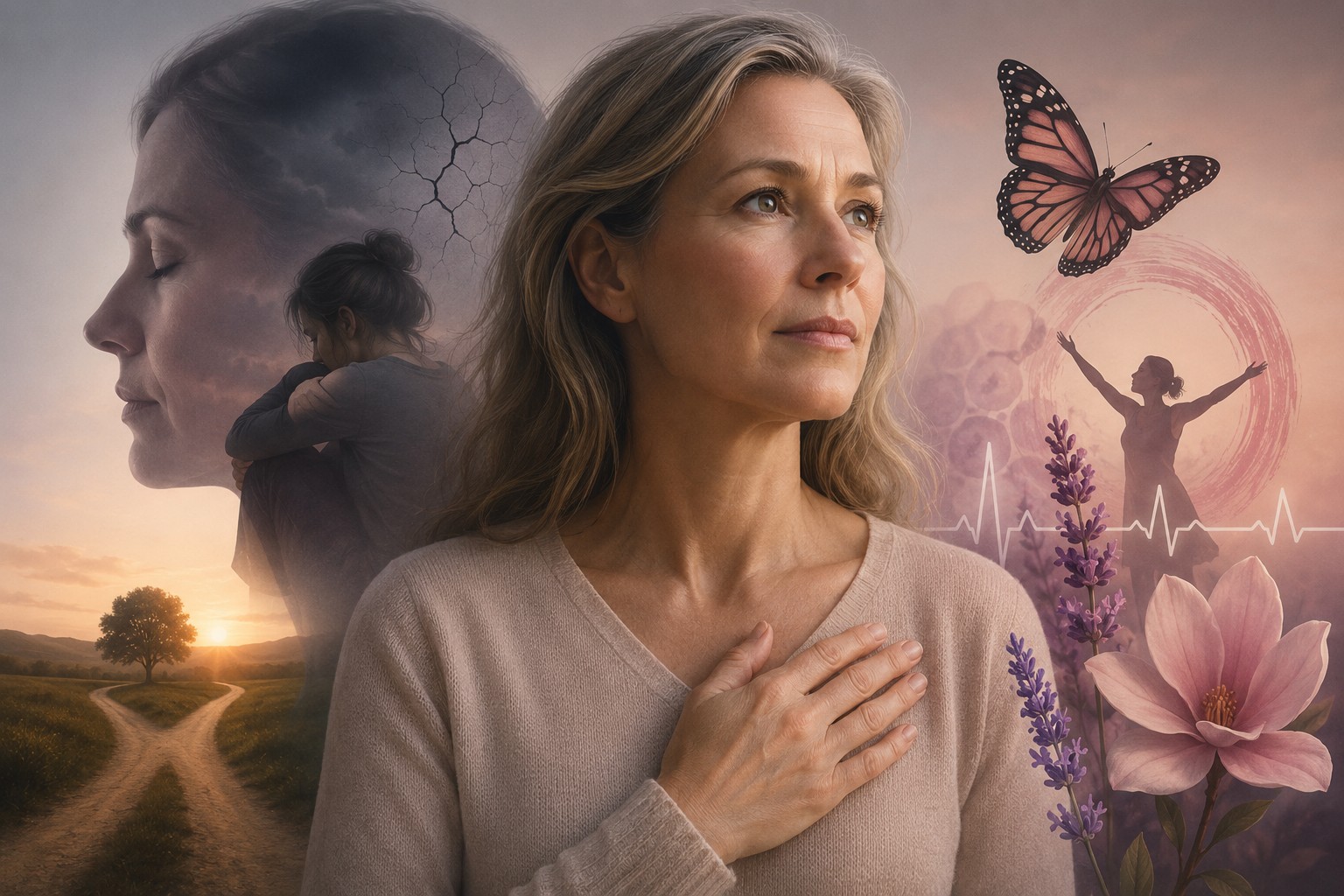 Trauma and Menopause: Understanding the Hidden Connection Middle-aged woman reflecting on her healing journey during menopause, surrounded by symbolic imagery representing trauma, emotional growth, nervous system healing, and personal transformation.